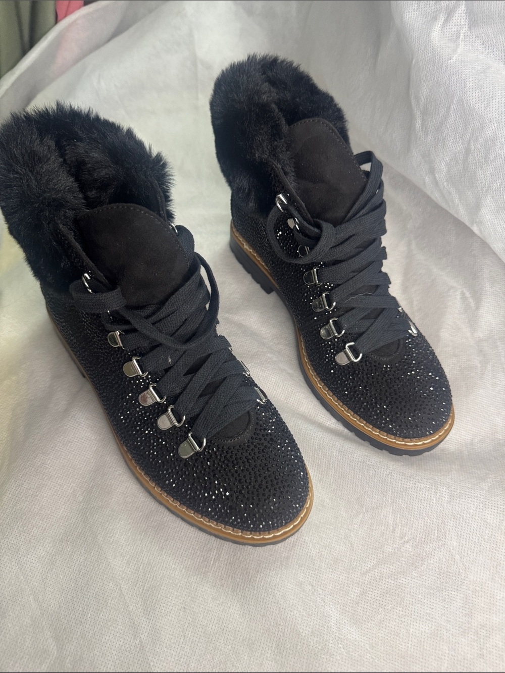 Women's Black Faux-Fur Lace-Up Ankle Boots with Crystal Detail